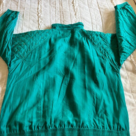 Vintage 1980’s EVR 100% Silk Bomber Jacket, Teal w/ Gold Beads, Lined, Size XL - Picture 6 of 9